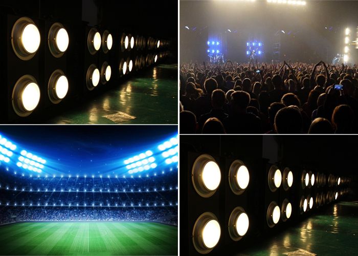 Kollage med scenbelysning, konsertpublik och en upplyst arena.