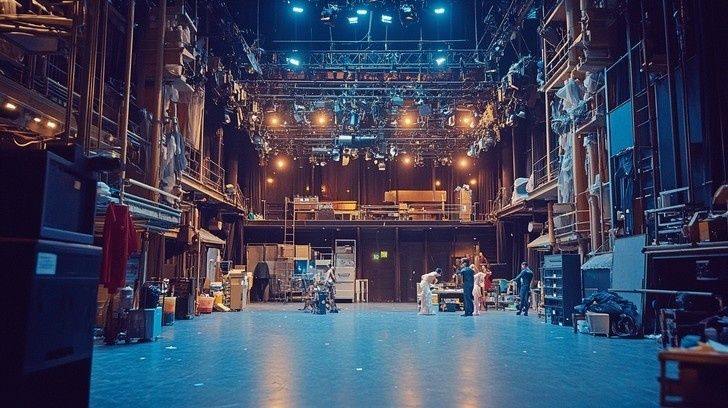 Teaterns backstage med scenljus, rekvisita och arbetande personal